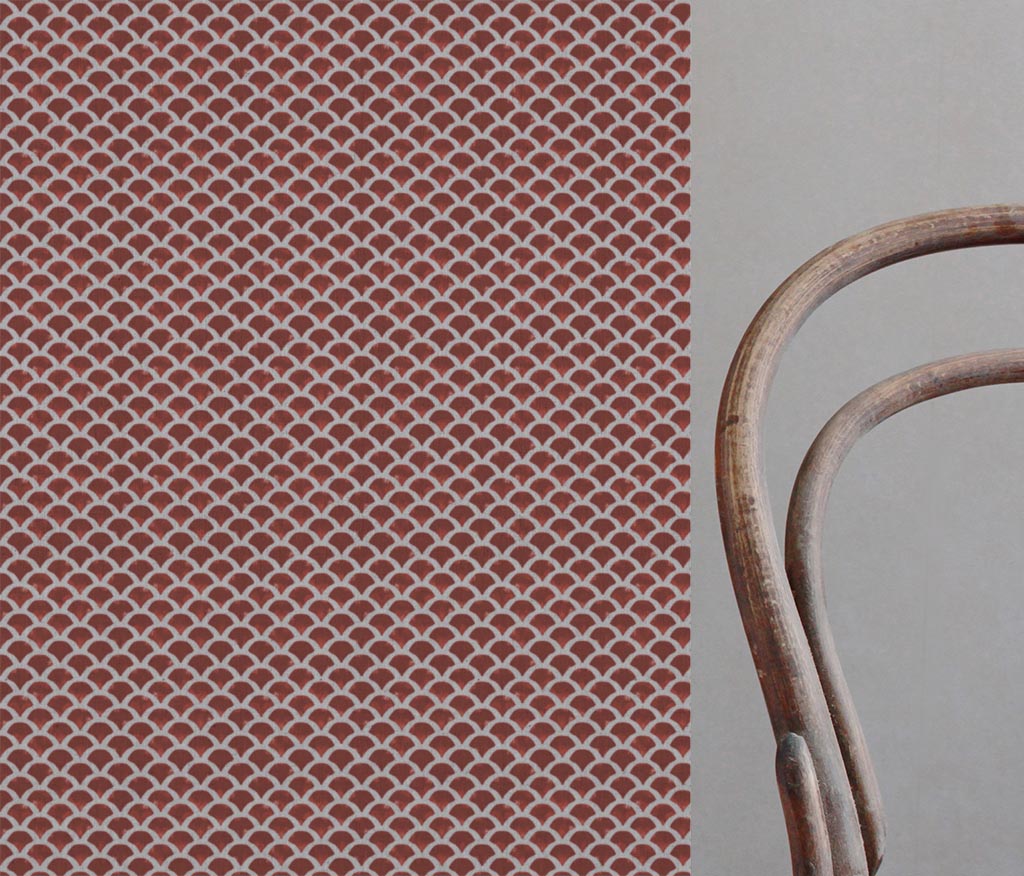Red Patterned Linen Curtain Fabric - Erle Crimson Red - Natural base fabric.