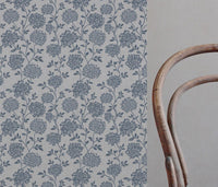 Blue Floral Linen Curtain Fabric - Hulsey Denim - Natural base fabric.