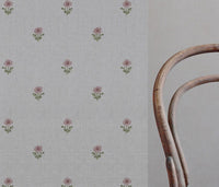 Pink Floral Linen Curtain Fabric - Ksandra Pink - Natural base fabric.