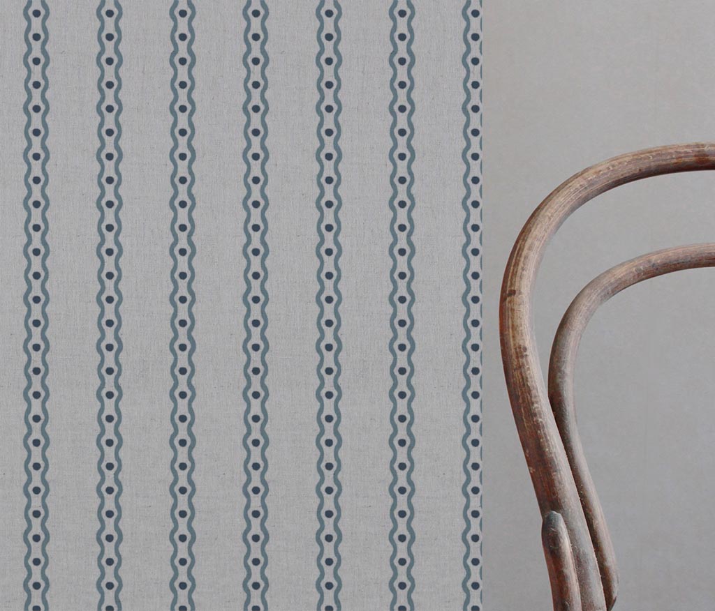 Blue Abstract Striped Linen Curtain Fabric - Margarie Blue - Natural base fabric.