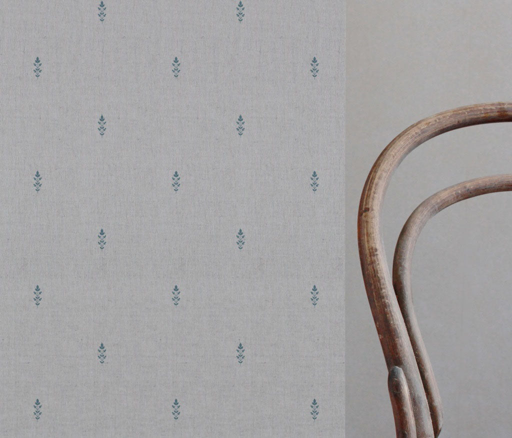 Blue Patterned Linen Fabric - Asli Marine - Natural base fabric.