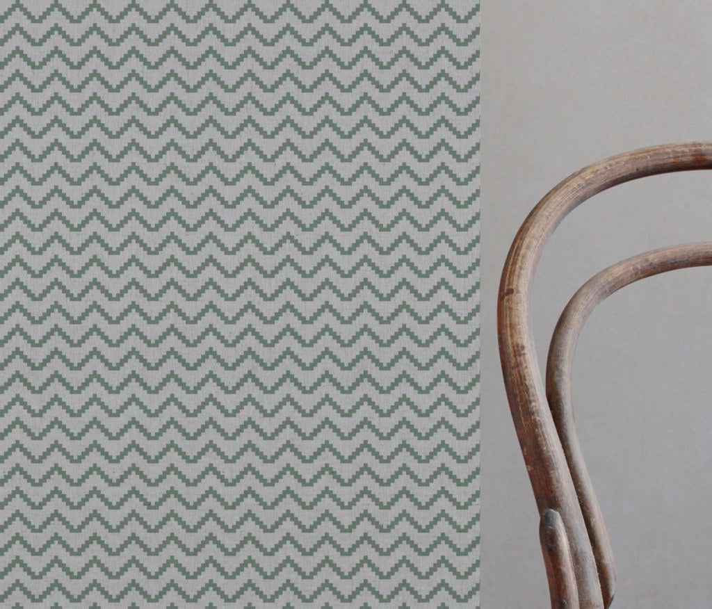 Green Patterned Linen Curtain Fabric - Azig Jade Mist - Natural base fabric.