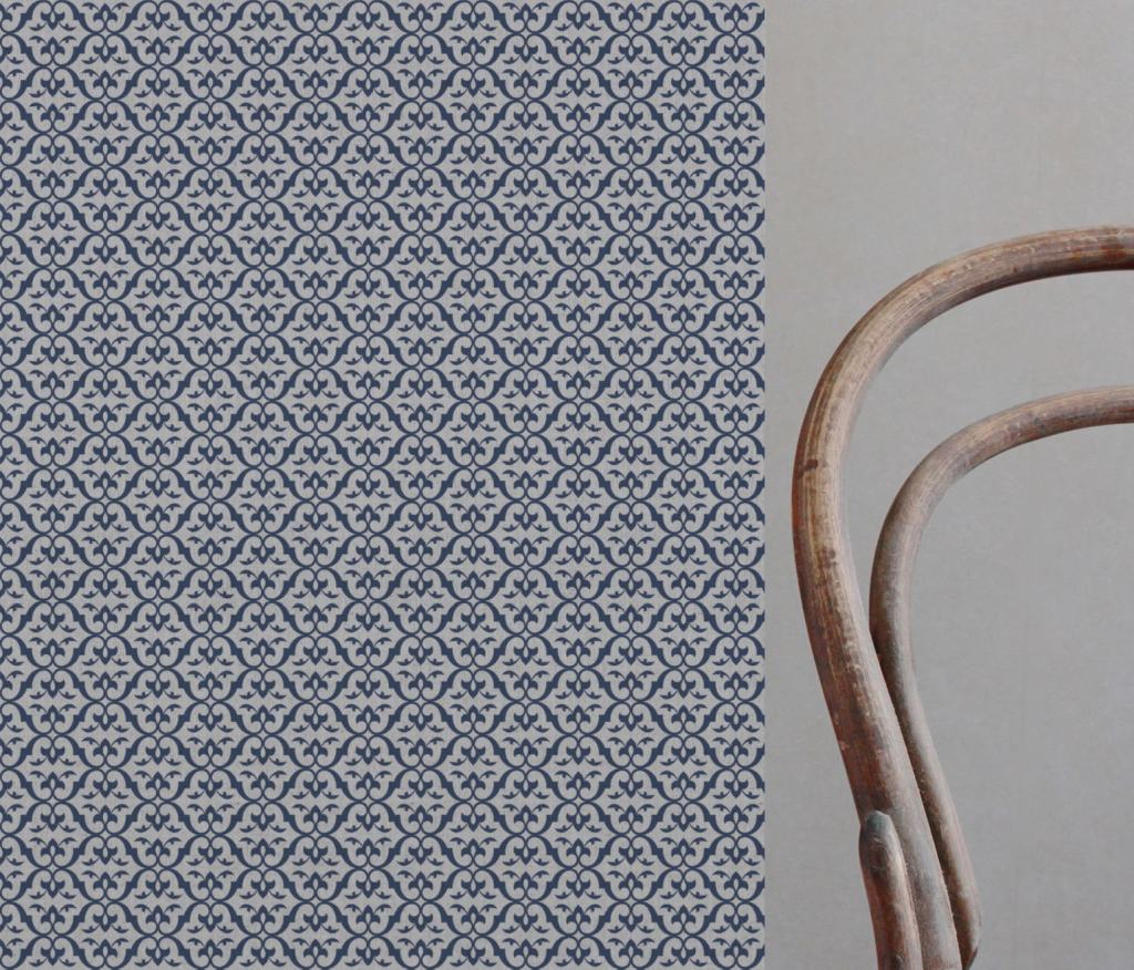 Blue Patterned Linen Curtain Fabric - Brita Night Blue - Natural base fabric.