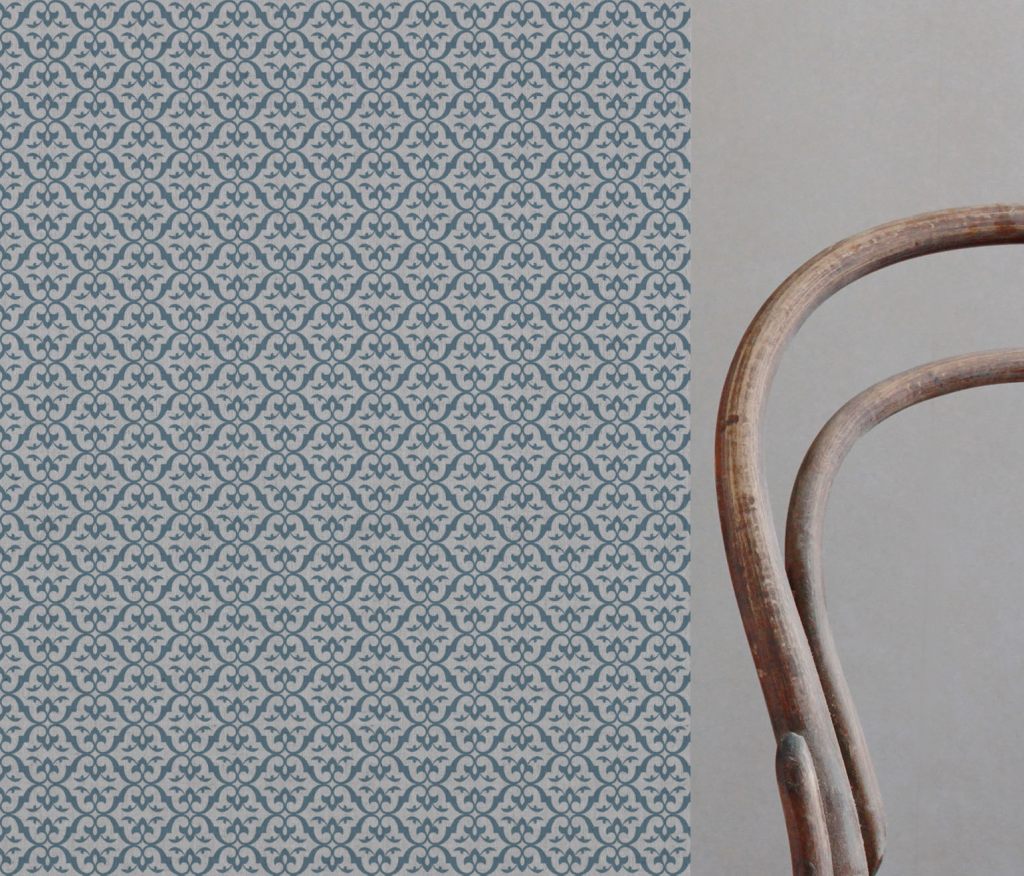 Blue Patterned Linen Curtain Fabric - Brita True Blue - Natural base fabric.