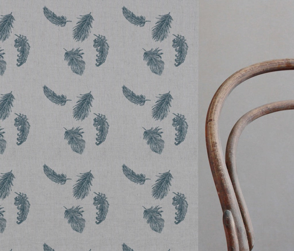 Blue Patterned Linen Curtain Fabric - Feathers Blue Stone - Natural base fabric.