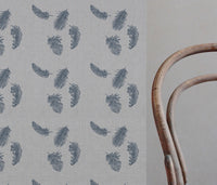 Blue Patterned Linen Curtain Fabric - Feathers Denim - Natural base fabric.