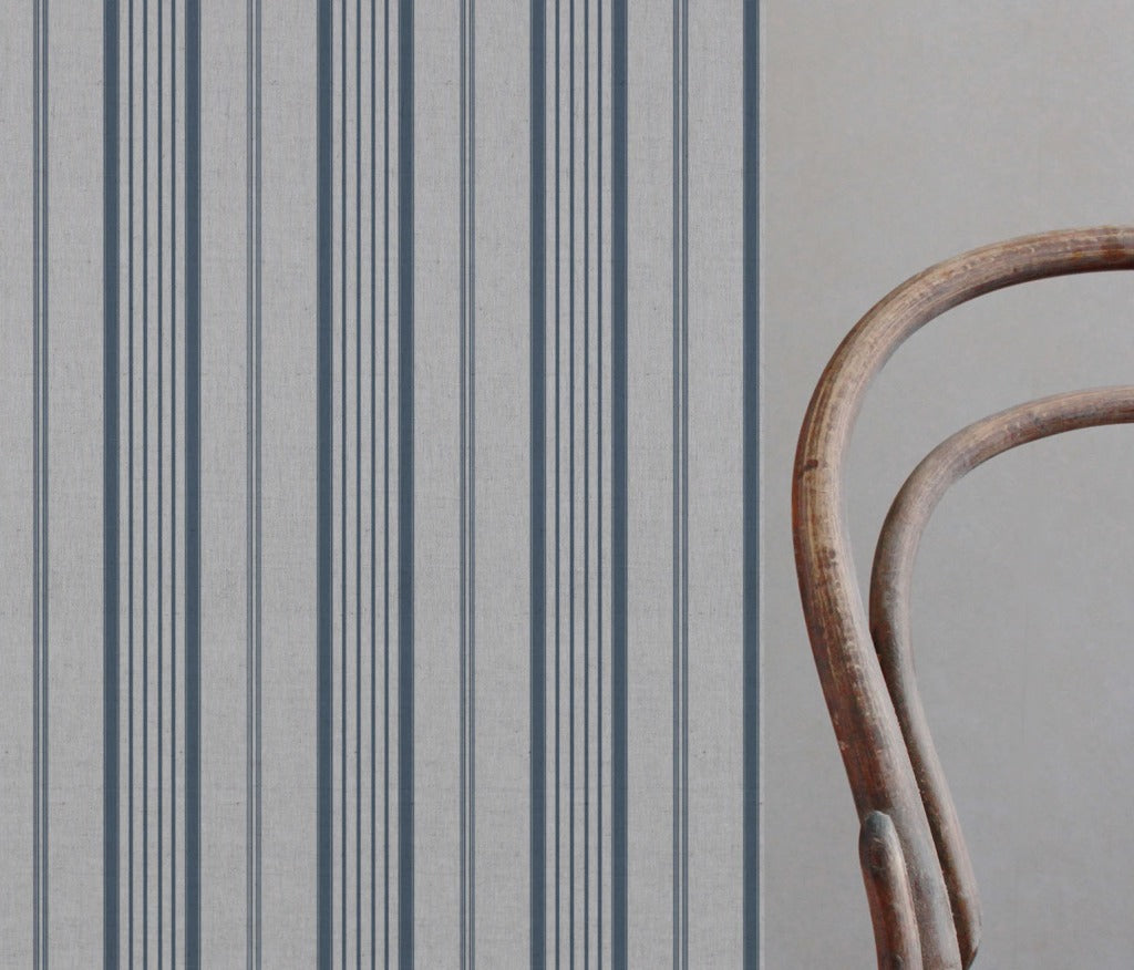 Blue Striped Linen Curtain Fabric - Freja Denim - Natural base fabric.