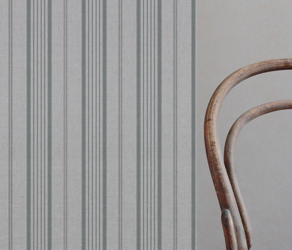 Grey Striped Linen Curtain Fabric - Freja Greige - Natural base fabric.