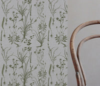 Green Floral Linen Curtain Fabric - Iida Khaki - Natural base fabric.