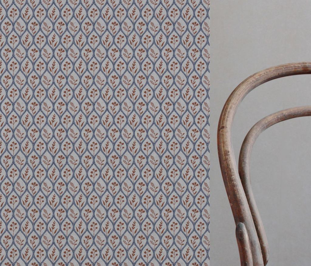 Blue / Orange Floral Linen Curtain Fabric - Miny Blue Terracotta-INV - Natural base fabric.