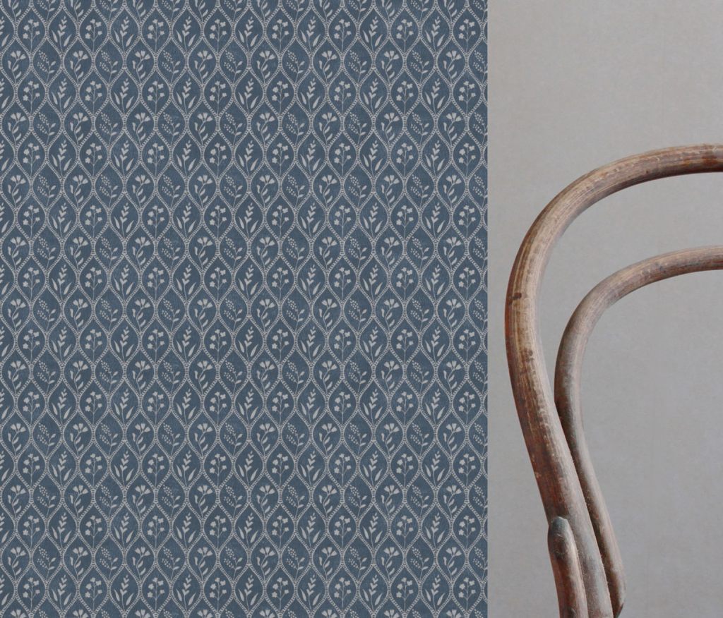 Blue Floral Linen Curtain Fabric - Miny Denim - Natural base fabric.