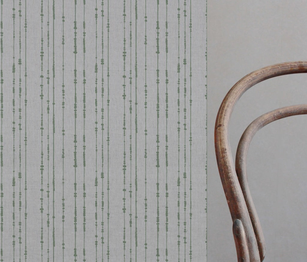 Green Patterned Linen Curtain Fabric - Pearls Jade Mist - Natural base fabric.