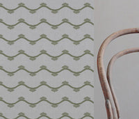 Green Abstract Linen Curtain Fabric - Nelani Khaki - Natural base fabric.