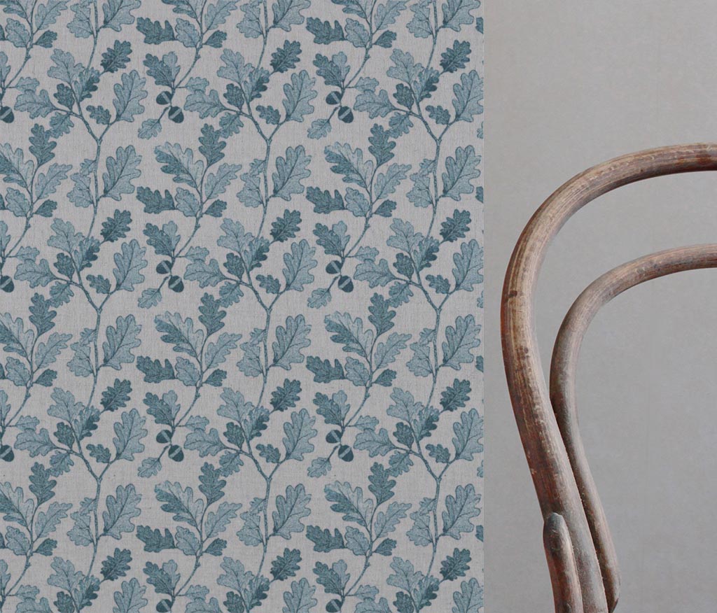 Blue Botanical Linen Curtain Fabric - Olini Blue Stone - Natural base fabric.