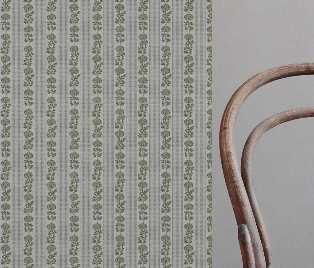 Green Floral Stripe Linen Curtain Fabric - Skye Khaki - Natural base fabric.