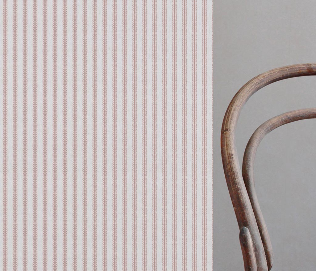 Pink Striped Linen Curtain Fabric - Kamillah Peony-WHT - White base fabric.