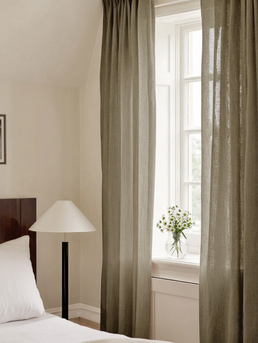 Made to Measure Voile Linen Curtains. Semi Sheer Linen Material Curtains in Moss Green
