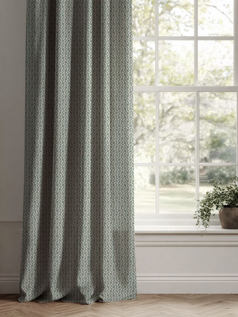 Green Patterned Linen Curtains - Arina Jade Mist - Natural base fabric.