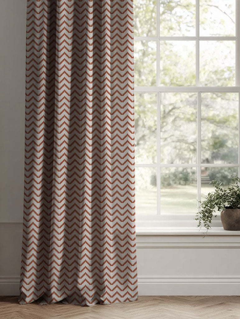 Red / Orange Patterned Linen Curtains - Azig Terracotta - Natural base fabric.