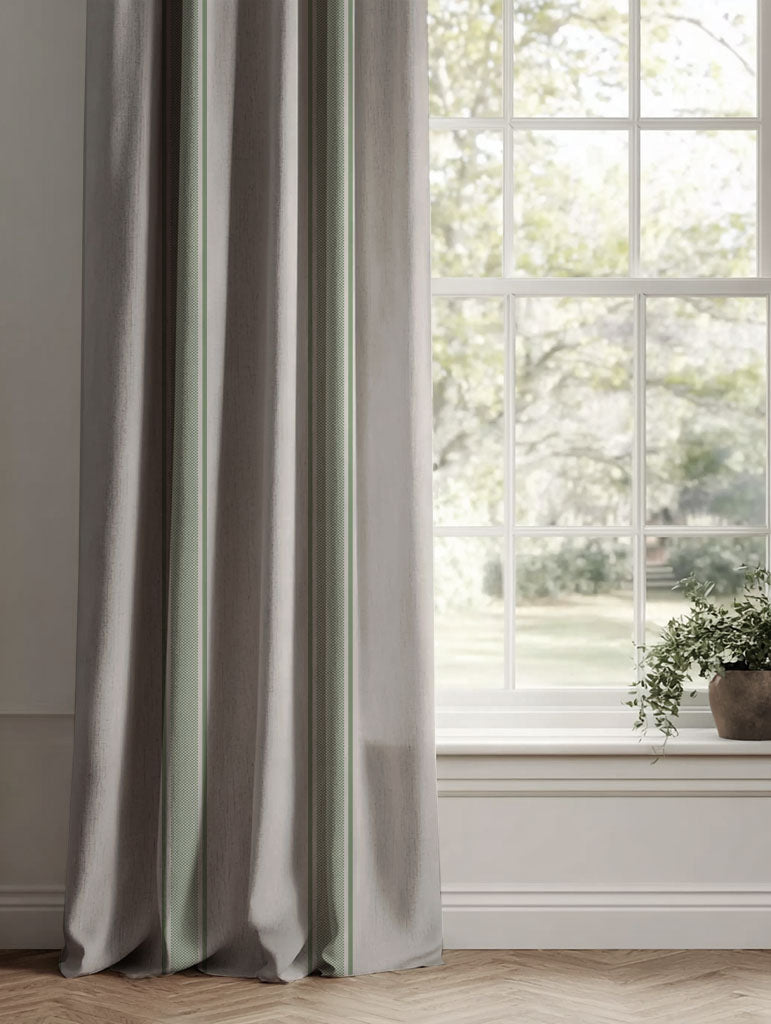 Green Striped Linen Curtains - Bella Jade Mist - Natural base fabric.