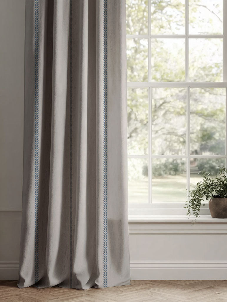 Blue Striped Linen Curtains - Berit-NAT Denim - Natural base fabric.