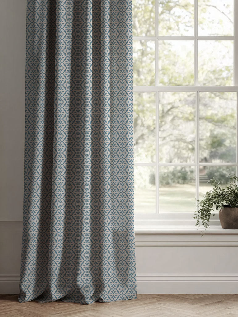 Blue Patterned Linen Curtains - Brita True Blue - Natural base fabric.