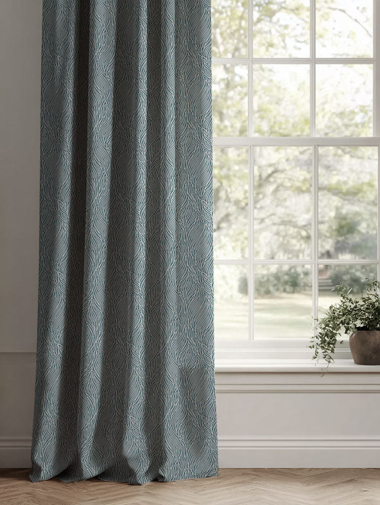 Blue Botanical Linen Curtains - Erica Blue Stone - Natural base fabric.