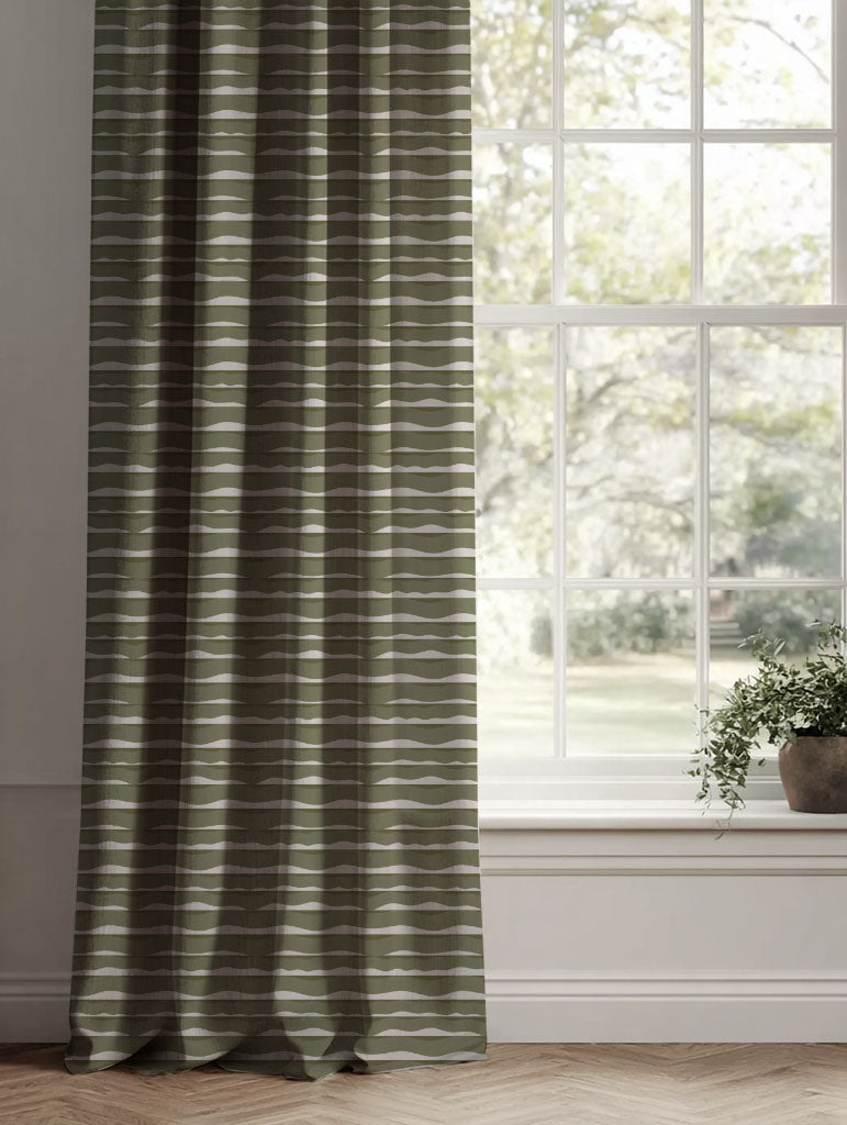 Green Patterned Linen Curtains - Fransibella Moss Green-NAT - Natural base fabric.