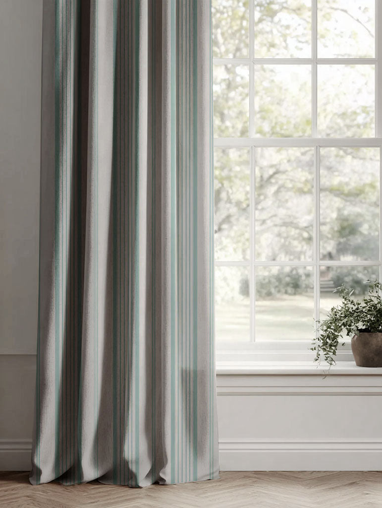 Blue Striped Linen Curtains - Freja Duckegg - Natural base fabric.