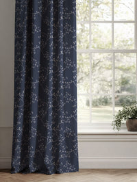 Blue Botanical Linen Curtains - Goldfinch INV-Deep Blue - Natural base fabric.