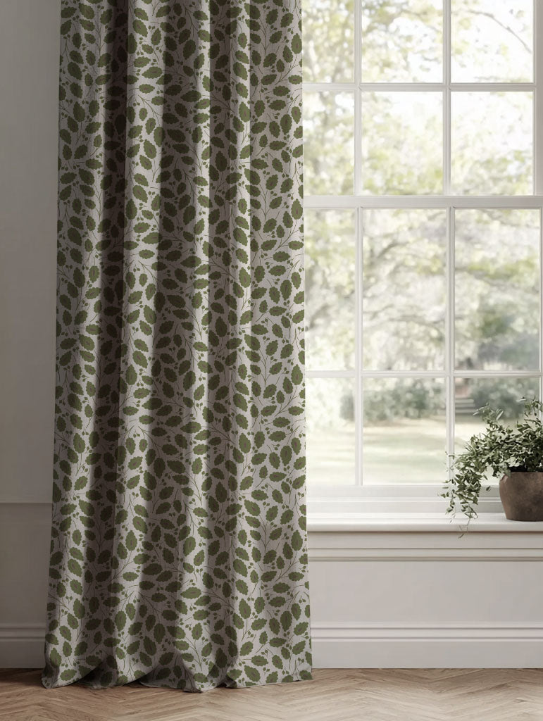 Green Botanical Linen Curtains - Goldie Khaki - Natural base fabric.