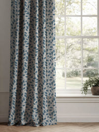Blue Botanical Linen Curtains - Goldie True Blue - Natural base fabric.