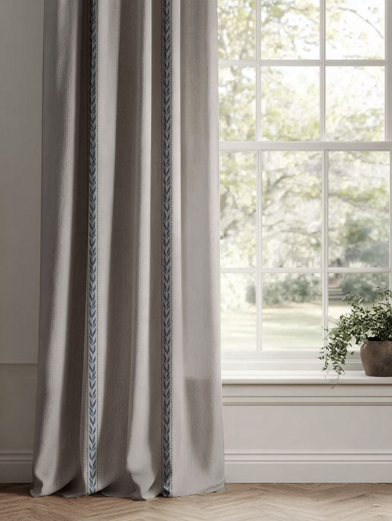 Blue Botanical Linen Curtains - Helena-NAT Denim - Natural base fabric.
