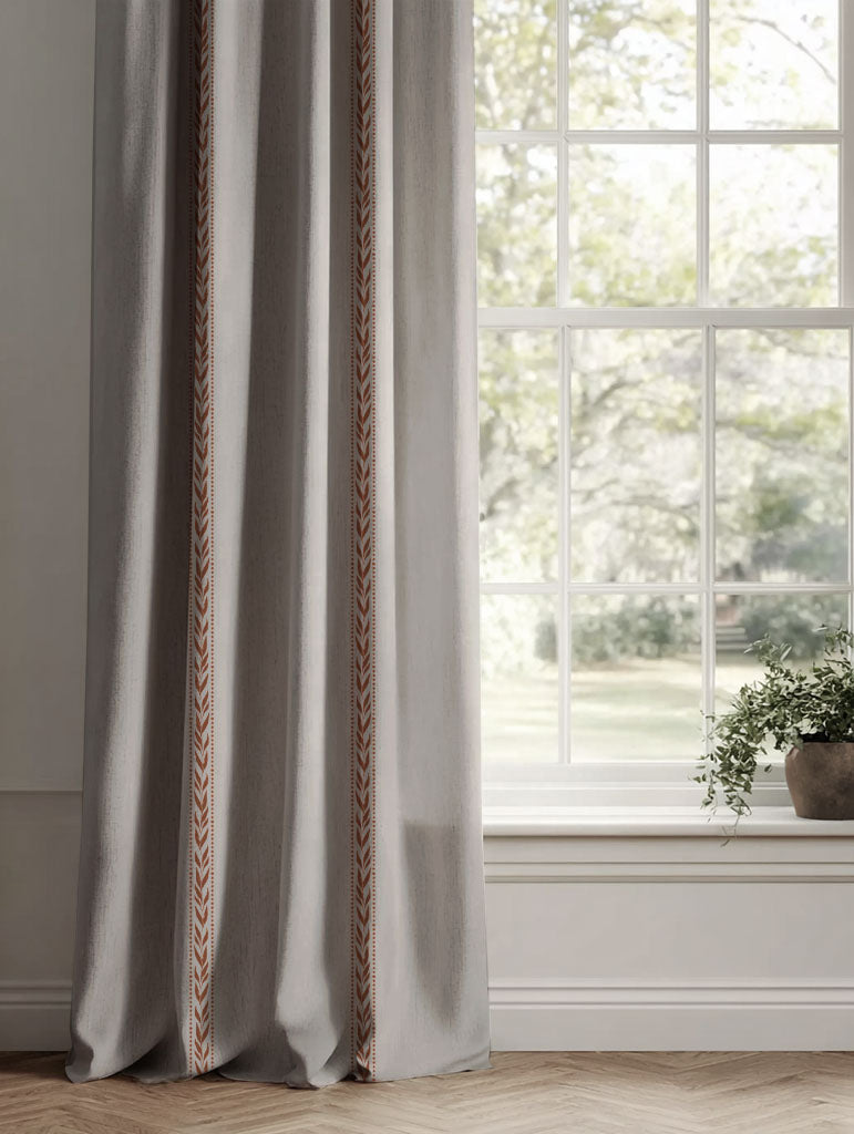 Orange Botanical Linen Curtains - Helena-NAT Terracotta - Natural base fabric.