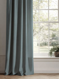 Blue Patterned Linen Curtains - Hugo Blue Stone - Natural base fabric.