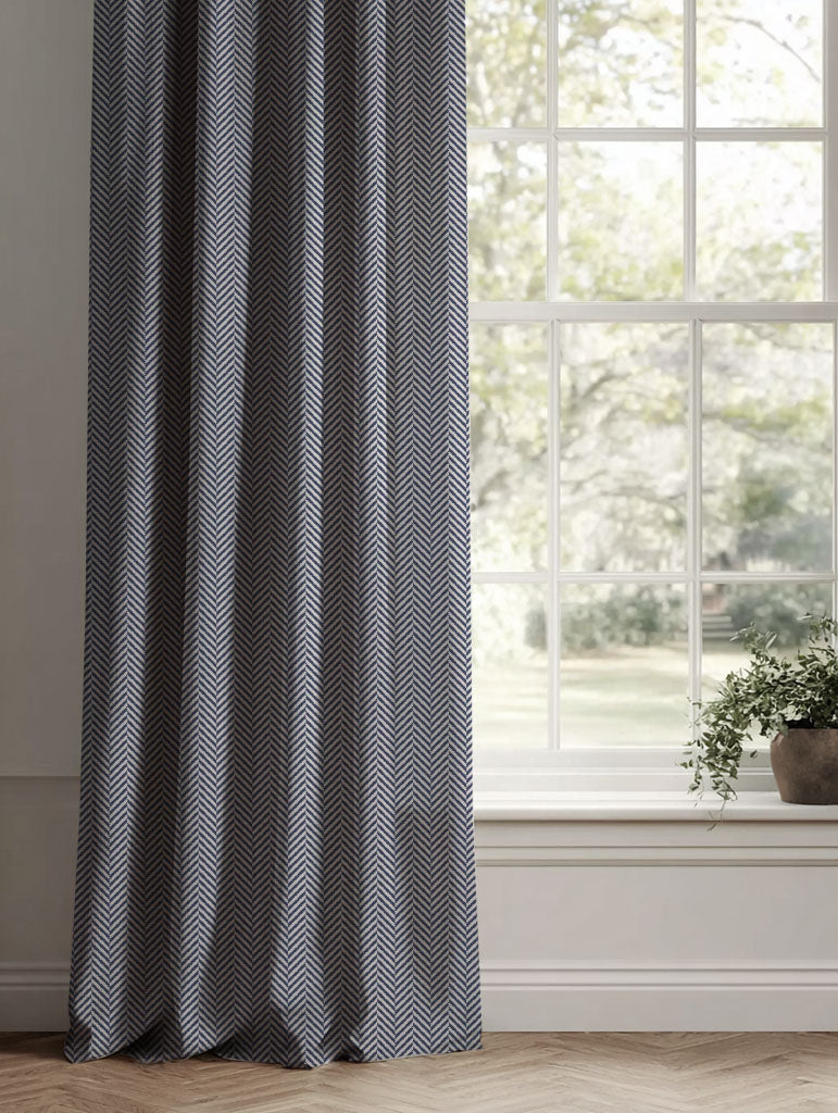 Blue Patterned Linen Curtains - Hugo Deep Blue - Natural base fabric.
