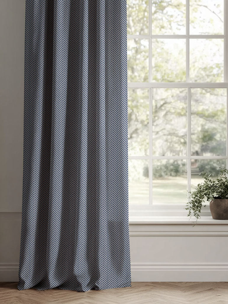 Blue Patterned Linen Curtains - Hugo Night Blue - Natural base fabric.