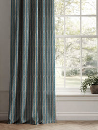 Blue / Orange Patterned Linen Curtains - Hulda Blue Stone - Ochre - Natural base fabric.