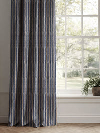 Blue / Orange Patterned Linen Curtains - Hulda Deep Blue Ochre - Natural base fabric.