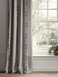 Blue Patterned Linen Curtains - Irina Deep Blue - Natural base fabric.
