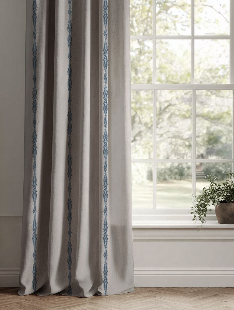 Blue Patterned Linen Curtains - Irina Denim - Natural base fabric.