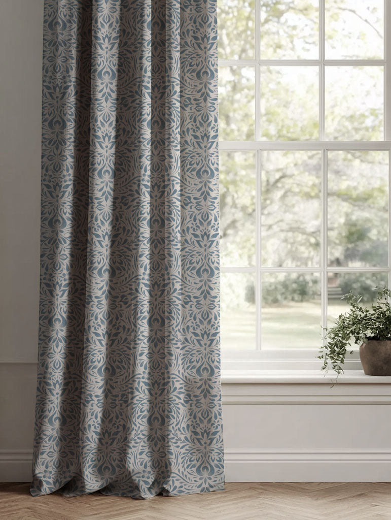 Blue Floral Linen Curtains - Jasmi True Blue - Natural base fabric.