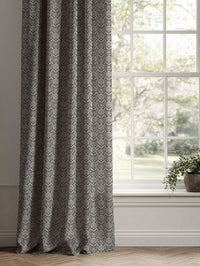Black Patterned Linen Curtains - Krista Noir - Natural base fabric.