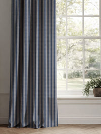 Blue Patterned Linen Curtains - Ksenia Night Blue - Natural base fabric.