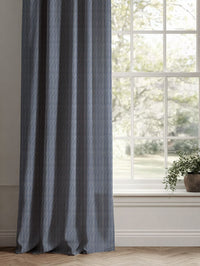 Blue Striped Linen Curtains - Laila Night Blue - Natural base fabric.