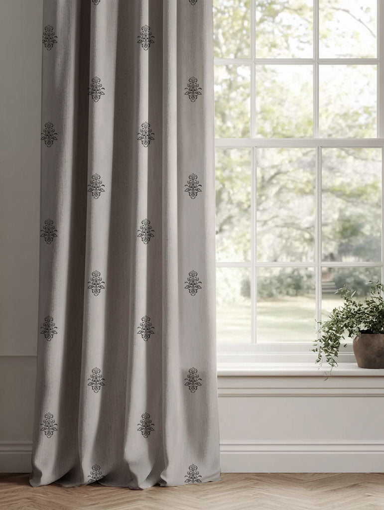 Black Floral Linen Curtains - Lisana-NAT Noir - Natural base fabric.