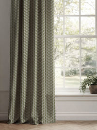 Green Patterned Linen Curtains - Mimosa Khaki - Natural base fabric.