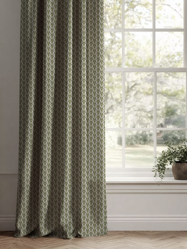Green Patterned Linen Curtains - Mimosa Khaki - Natural base fabric.
