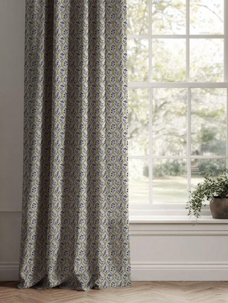 Green / Blue Floral Linen Curtains - Miny Blue Green-INV - Natural base fabric.