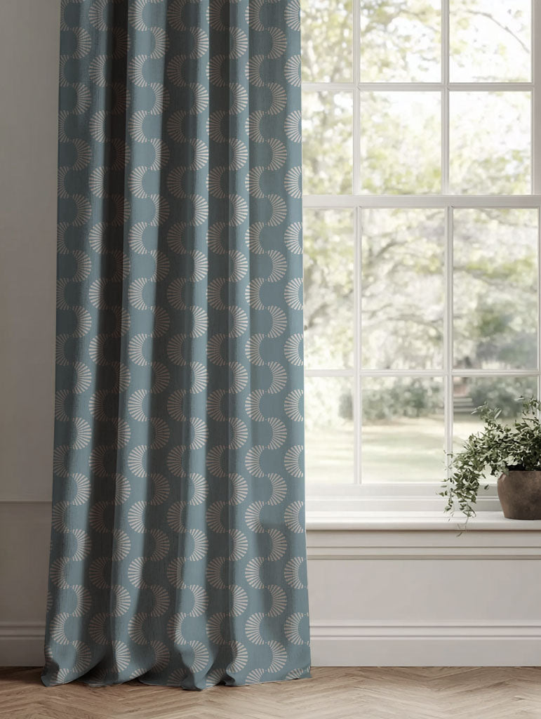 Blue Patterned Linen Curtains - Naja Sky - Natural base fabric.